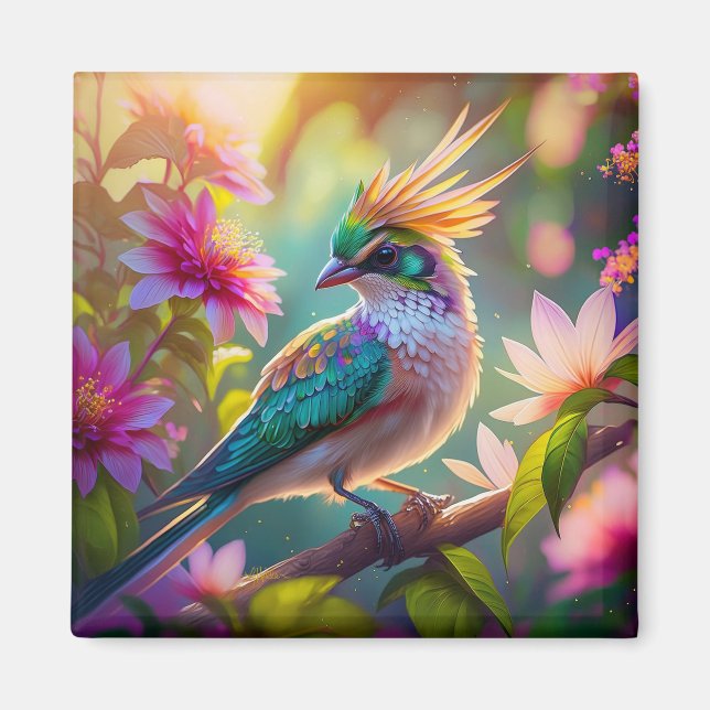Golden Crestated Grönt Headed Finch Fantasy Bird Magnet (Framsidan)