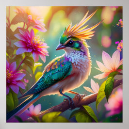 Golden Crestated Grönt Headed Finch Fantasy Bird Poster