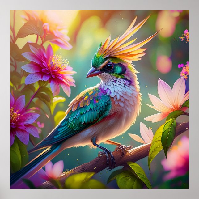 Golden Crestated Grönt Headed Finch Fantasy Bird Poster (Framsidan)