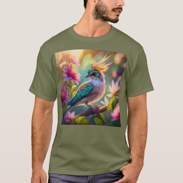 Golden Crestated Grönt Headed Finch Fantasy Bird T Shirt (Framsida)