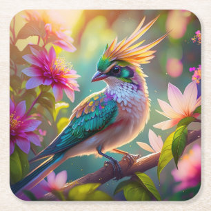 Golden Crestated Grönt Headed Finch Fantasy Bird Underlägg Papper Kvadrat
