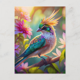 Golden Crestated Grönt Headed Finch Fantasy Bird Vykort