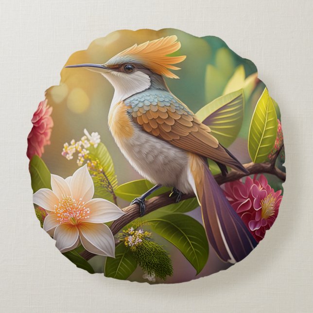 Golden Crested Honeyeater Fantasy Bird Rund Kudde (Framsidan)
