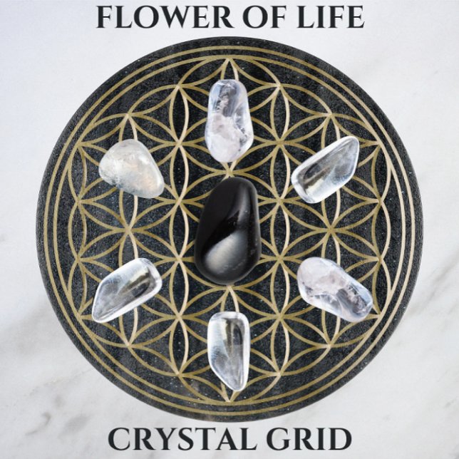 Golden Crystal Grid i Cosmos blomma (Flower of Life Crystal Grid by Awakening Graphics. Crystals set up for a protection grid.)