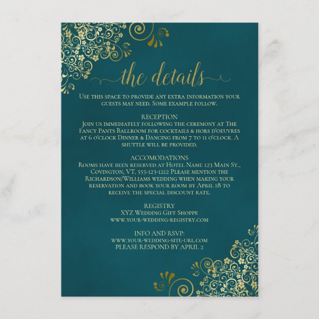 Golden Curls & Swirls on Dark Teal Wedding Details Tilläggskort (Framsida)
