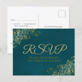 Golden Curls & Swirls on Teal Wedding RSVP Vykort