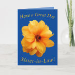 Golden Dahlia Birthday Card for Sister-in-Law Kort<br><div class="desc">En vacker gyllene Dahlia-blomma ger en underbar bild av det här färgfulla födelsedagskortet för syster-in-Law.  Text kan lätt vara personlig.</div>