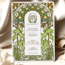 Golden Daisys & Grönt Foliage Art nouveau Bröllop Inbjudningar