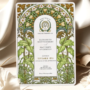 Golden Daisys & Grönt Foliage Art nouveau Bröllop Inbjudningar