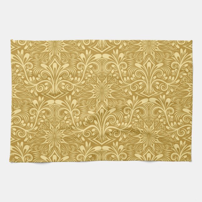 Golden Damask Baroque-Blommönstret Kökshandduk (Horisontell)
