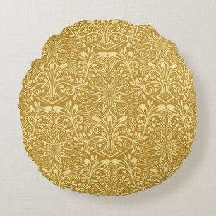 Golden Damask Baroque-Blommönstret Rund Kudde