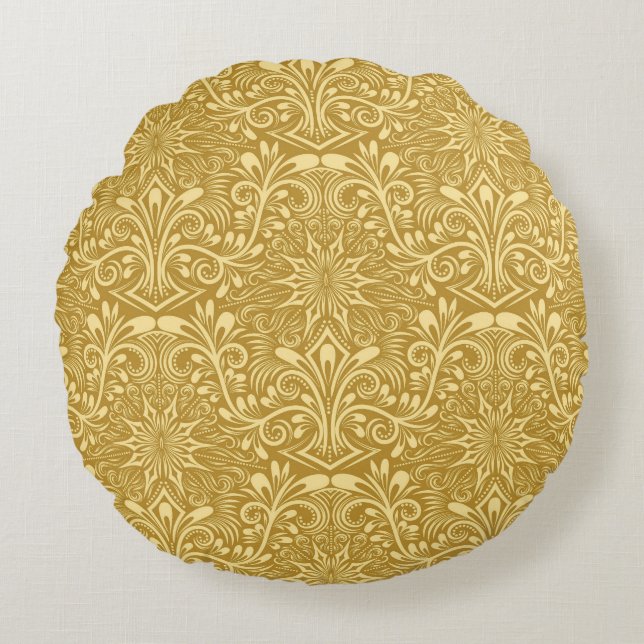 Golden Damask Baroque-Blommönstret Rund Kudde (Framsidan)