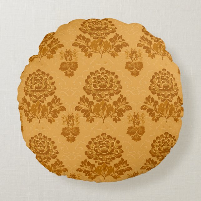 Golden Damask Floral Pattern Rund Kudde (Framsidan)