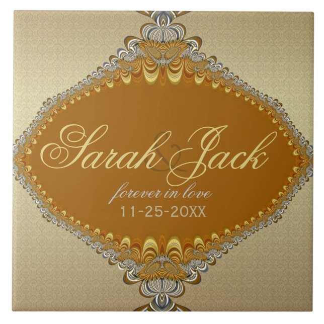 Golden Damask Fractal Snöre Bröllop Keepsaké Kakelplatta (Framsidan)