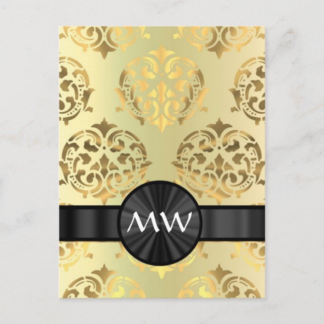 Golden Damask monogrammad Vykort (Framsida)