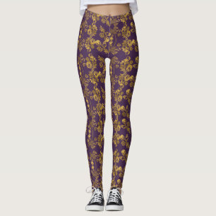Golden Damask-virvelfärg, blommigt på lila Leggings
