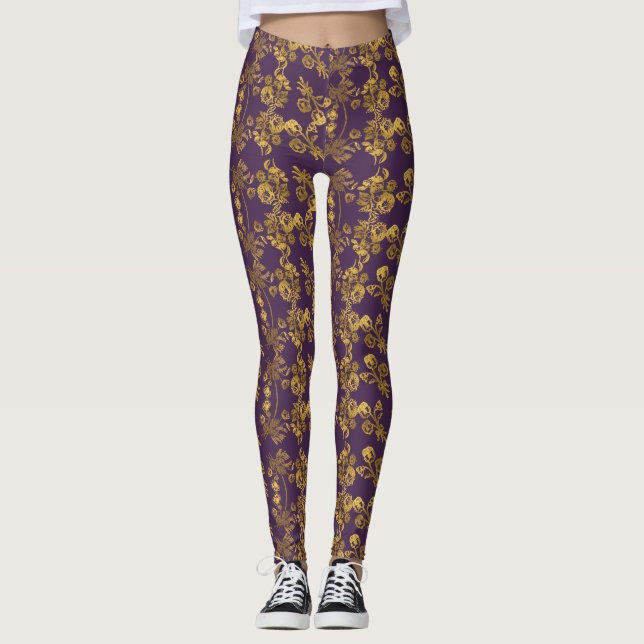 Golden Damask-virvelfärg, blommigt på lila Leggings (Framsida)