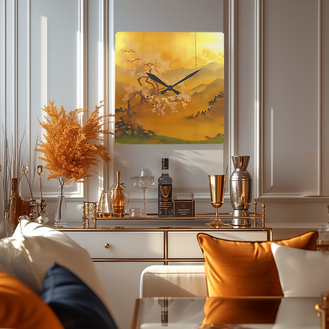 Golden Dawn: Elegant asiatisk inspiration Fyrkantig Klocka (Beautiful Japanese Panel Style Gold Wall Clock)