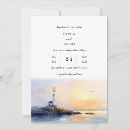 Golden Dawn Lighthouse Watercolor Beach Wedding Inbjudningar