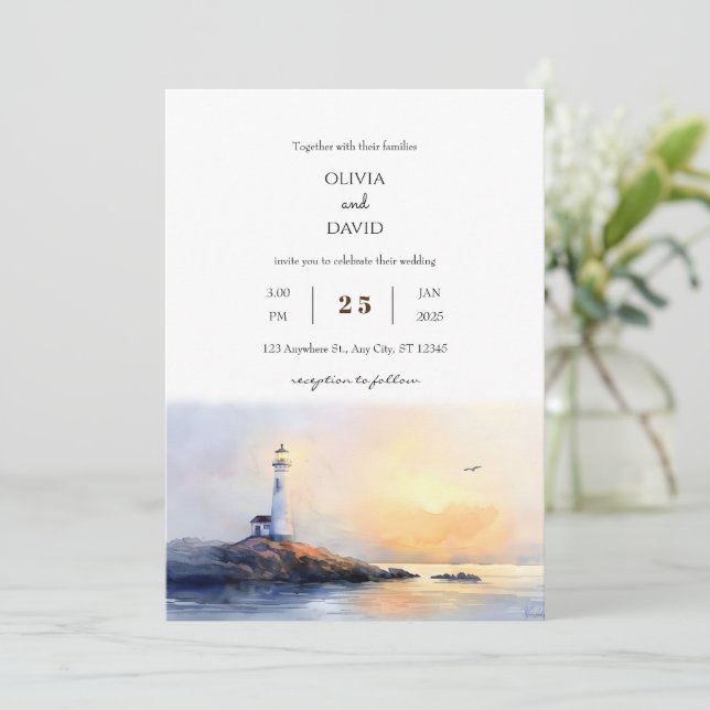 Golden Dawn Lighthouse Watercolor Beach Wedding Inbjudningar (Stående Fram)
