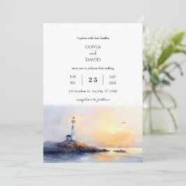 Golden Dawn Lighthouse Watercolor Beach Wedding Inbjudningar