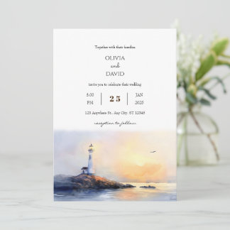 Golden Dawn Lighthouse Watercolor Beach Wedding Inbjudningar