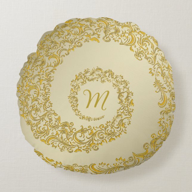 Golden Decorative Monogram Rund Kudde (Framsidan)