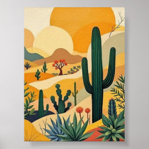 Golden Desert Cactus Sunset liggande Art Poster