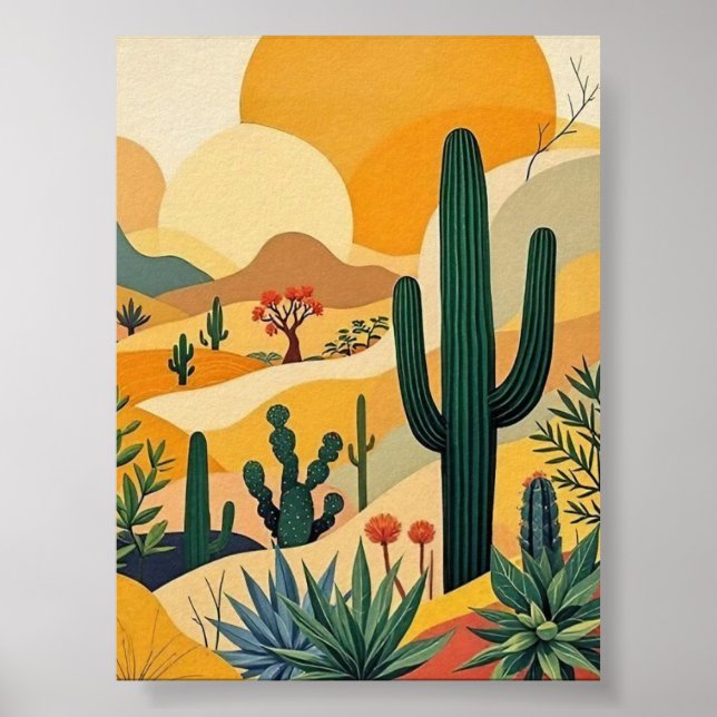 Golden Desert Cactus Sunset liggande Art Poster (Framsidan)
