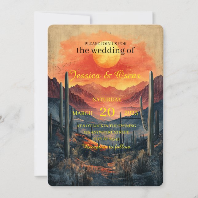 Golden Desert liggande med Silhouetted Cacti Inbjudningar (Framsida)
