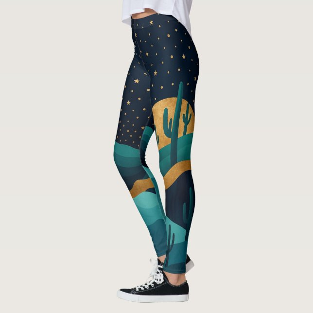 Golden Desert Nightscape - Abstrakt Cactus Art Leggings (Vänster)