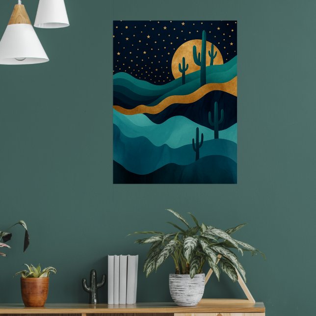 Golden Desert Nightscape - Abstrakt Cactus Art Poster (Vardagsrum 1)