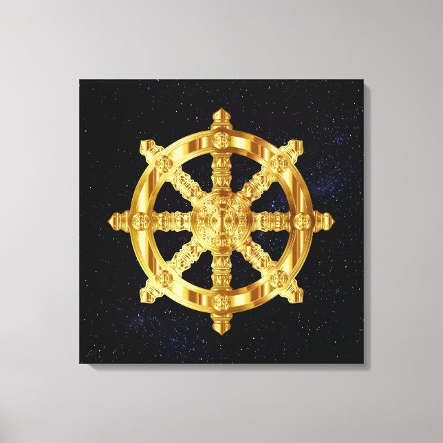 Golden Dharma Wheel-buddhism och hinduismen-symbol Canvastryck (Framsida)