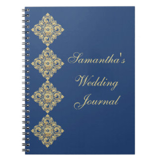 Golden Diamond Damask Blue Bröllop Journal Anteckningsbok Med Spiral