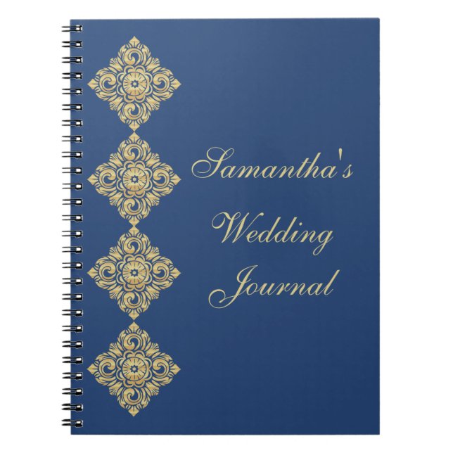 Golden Diamond Damask Blue Bröllop Journal Anteckningsbok Med Spiral (Framsidan)