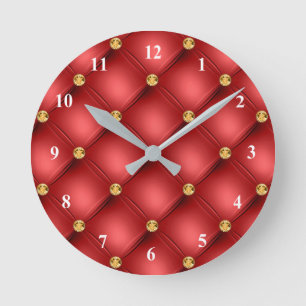 Golden Diamond Tuftade Leather Gemstone Red Rund Klocka