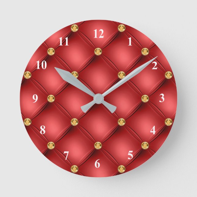 Golden Diamond Tuftade Leather Gemstone Red Rund Klocka (Framsida)