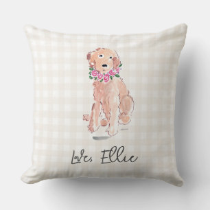 Golden Doodle Art Hund Flowers Kärlek NAMN Gingham Kudde