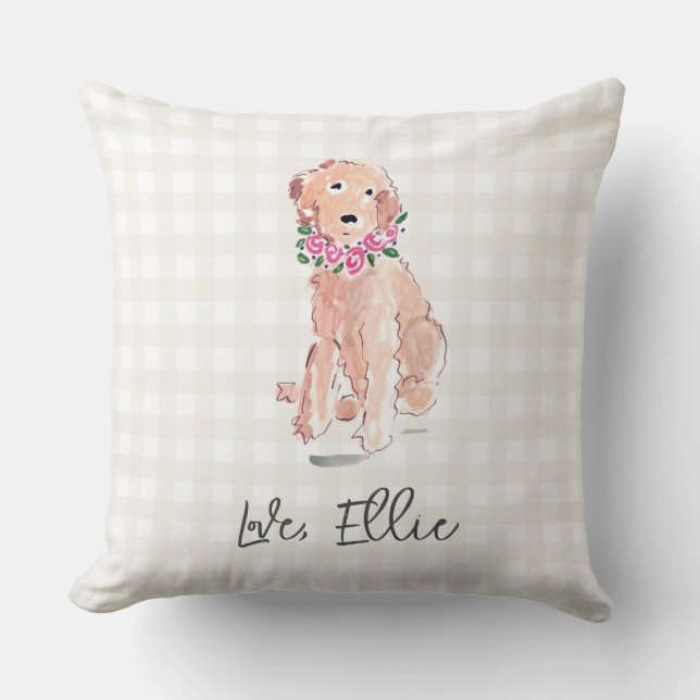 Golden Doodle Art Hund Flowers Kärlek NAMN Gingham Kudde (Framsida)