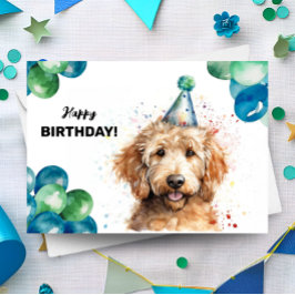 Golden Doodle Balloons and Party Hat Hund Birthday Kort