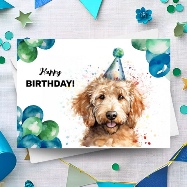 Golden Doodle Balloons and Party Hat Hund Birthday Kort (Skapare uppladdad)
