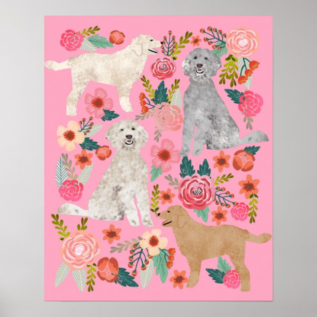 Golden Doodle Blommigt Hund Art Poster (Framsidan)
