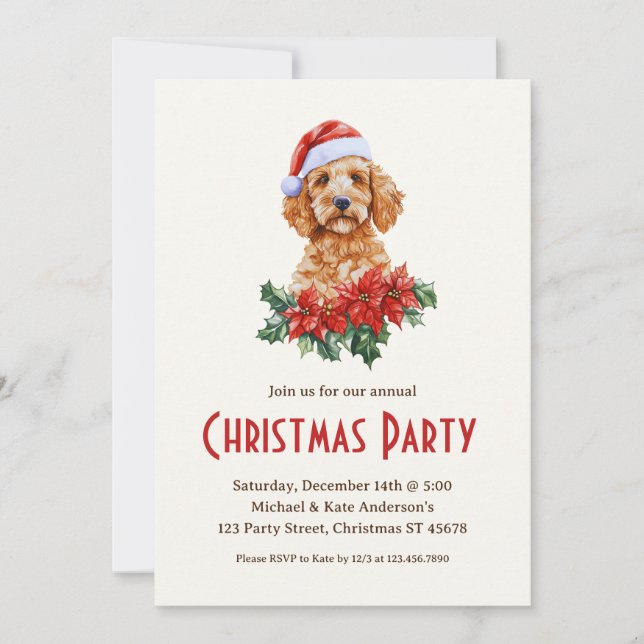Golden Doodle-Hund i jultomten Party Inbjudningar (Framsida)