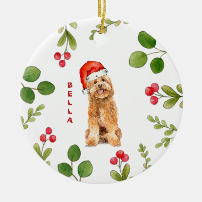 Golden doodle hund med Santa Hat Julgransprydnad Keramik (Framsidan)