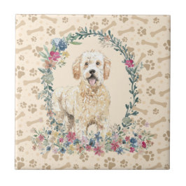 Golden Doodle Hund Paw Print Blommigt Cute Beige Kakelplatta