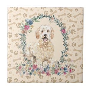 Golden Doodle Hund Paw Print Blommigt Cute Beige Kakelplatta