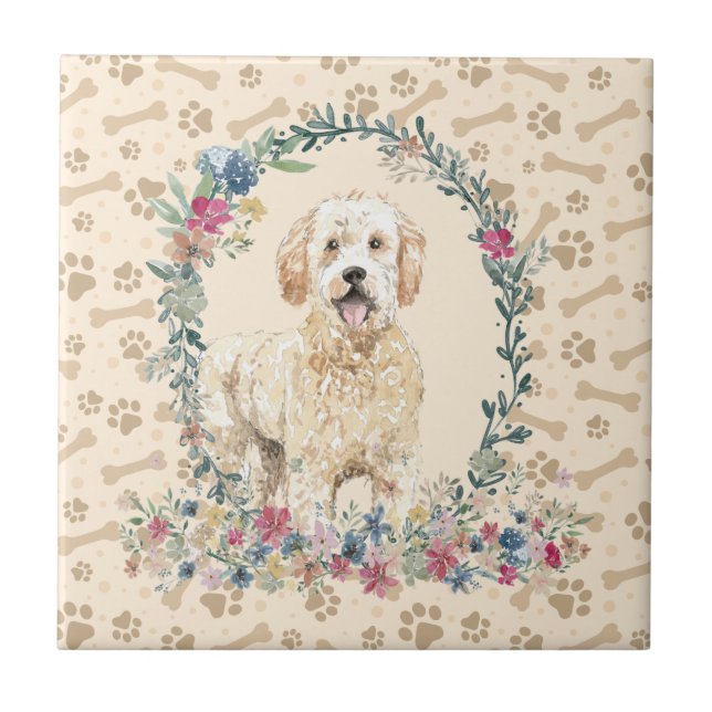 Golden Doodle Hund Paw Print Blommigt Cute Beige Kakelplatta (Framsidan)