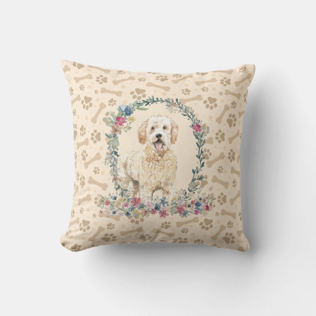 Golden Doodle Hund Paw Print & Blommigt Cute Kudde (Framsida)