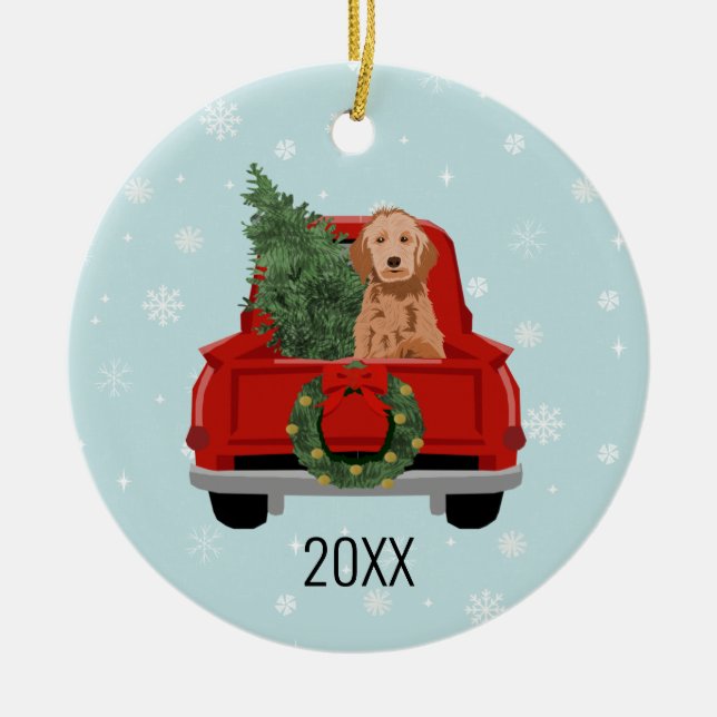 Golden Doodle Hund Red jul Lastbil Ornament (Framsidan)