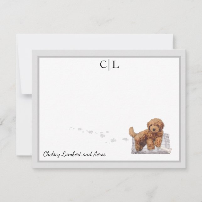 Golden Doodle Puppy Grått Gräns Monogram Namn Anteckningskort (Framsida)